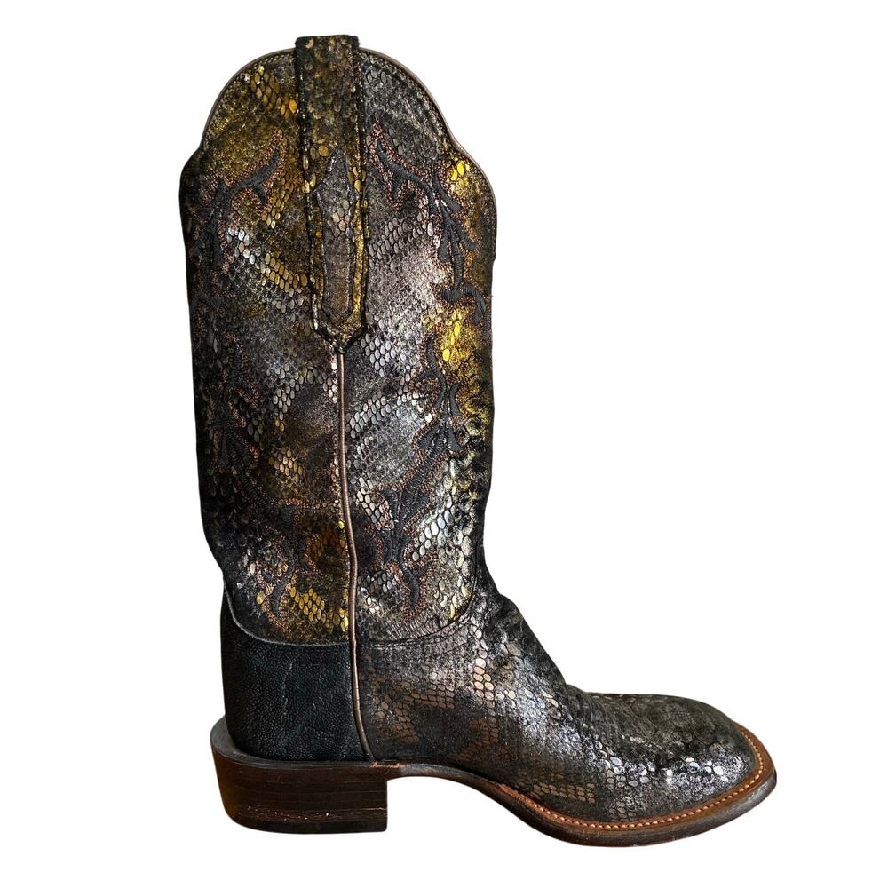 Lucchese Black Suede Metallic Python Square Toe Western Boots Womens 7.5 B - Picture 5 of 15
